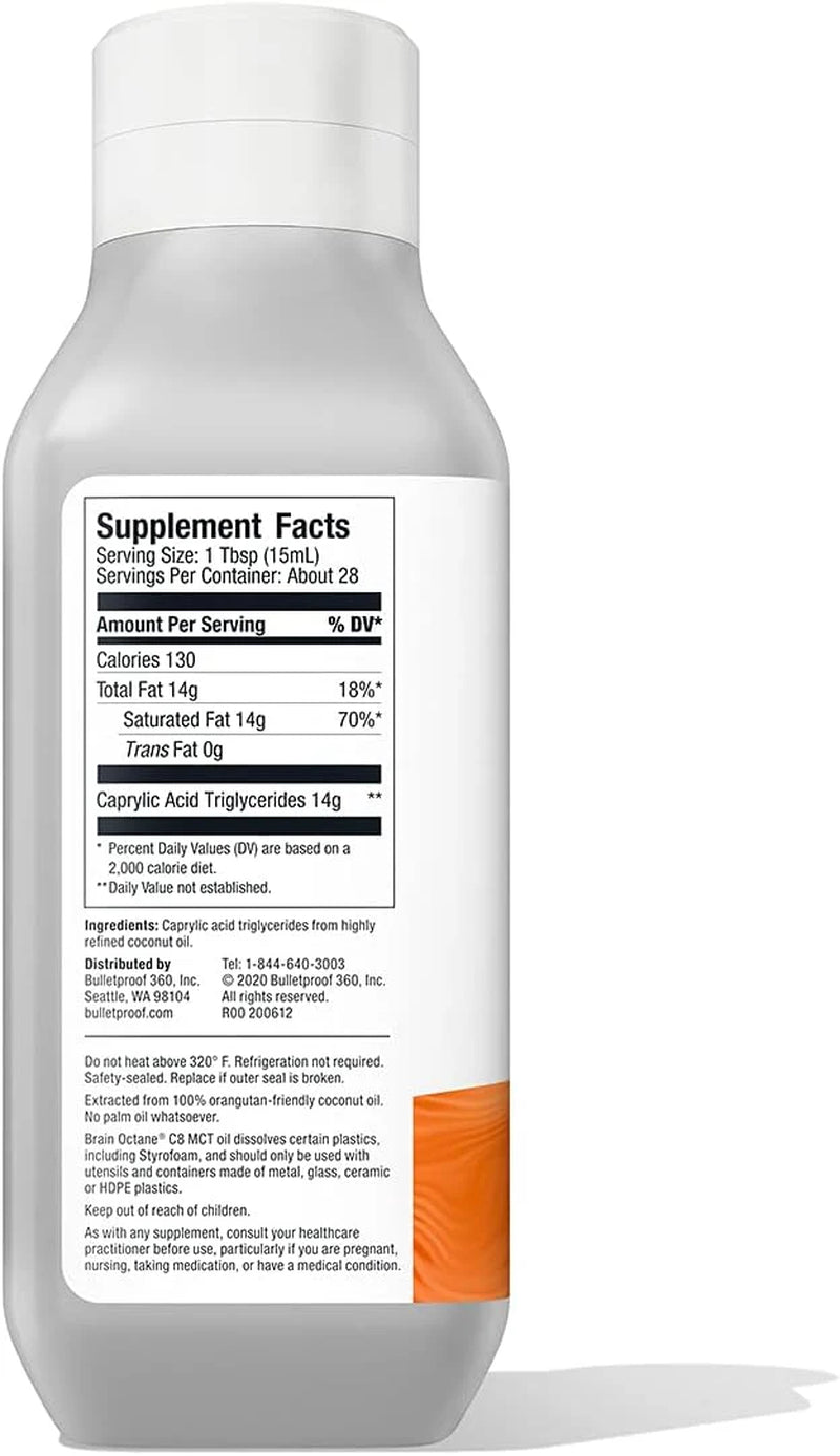 Brain Octane Premium C8 MCT Oil from Non-Gmo Coconuts, 14G Mcts, 14 Fl Oz, Bulletproof Keto Supplement for Sustained Energy, Appetite Control, Mental & Physical Energy, Non-Gmo, Vegan & Cruelty Free