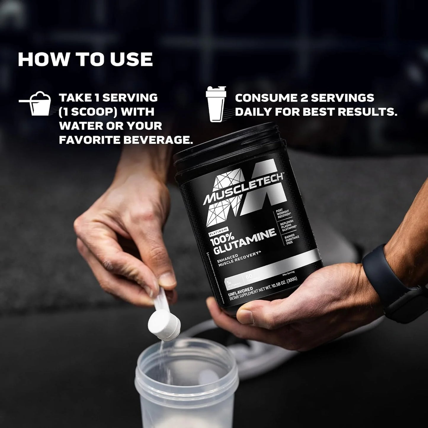 Muscletech 100% L-Glutamine Powder for Enhanced Muscle Recovery - Pure L Glutamine Muscle Growth Builder & Energy Boosting Nutritional Supplement for Men & Women - Unflavored, 60 Servings
