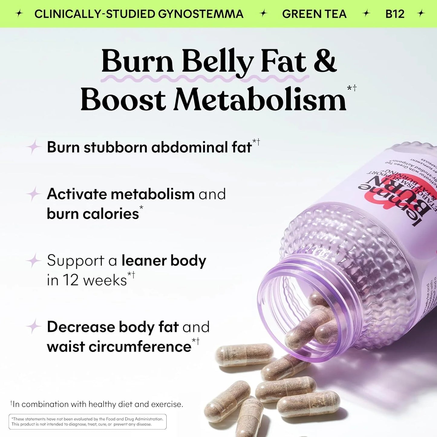 Lemme Burn - Metabolism, Belly Fat Burning + AMPK Activating Supplement for Men & Women W/Clinically Studied Actiponin Gynostemma, Green Tea Extract, Vitamins B6 & B12 - Gluten Free, 60 Count